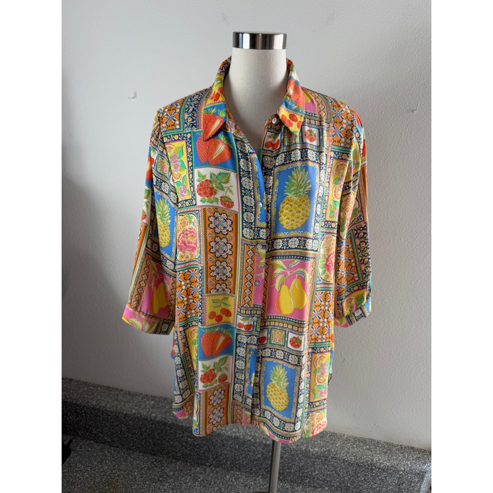Rose + Olive Womens Plus 1X Fruit Patchwork Print Button Up Shirt 3/4 Sleeve
